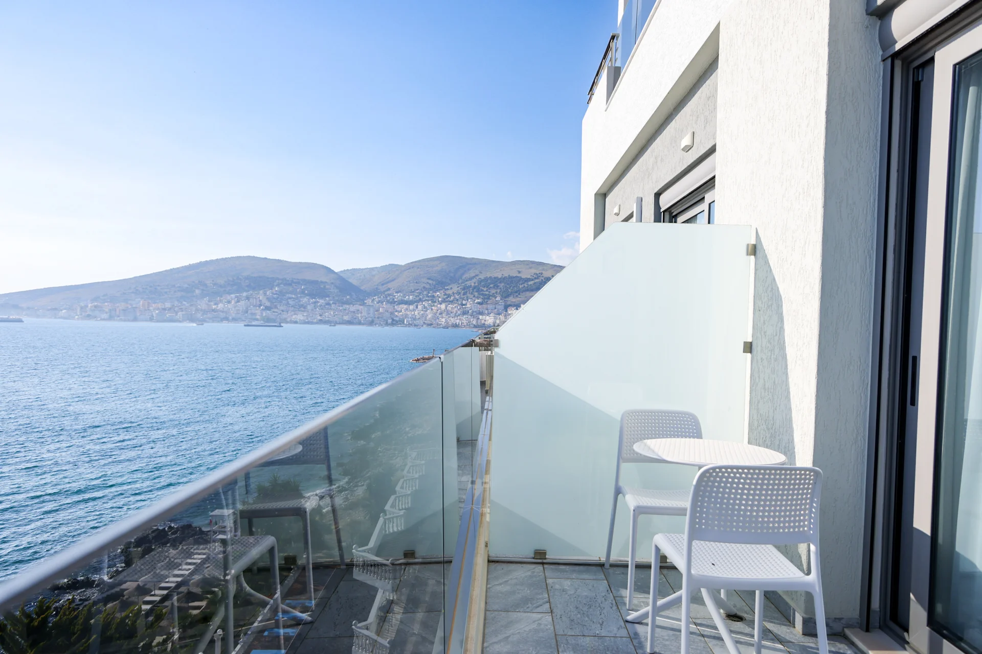 Balcony view with Saranda city skyline